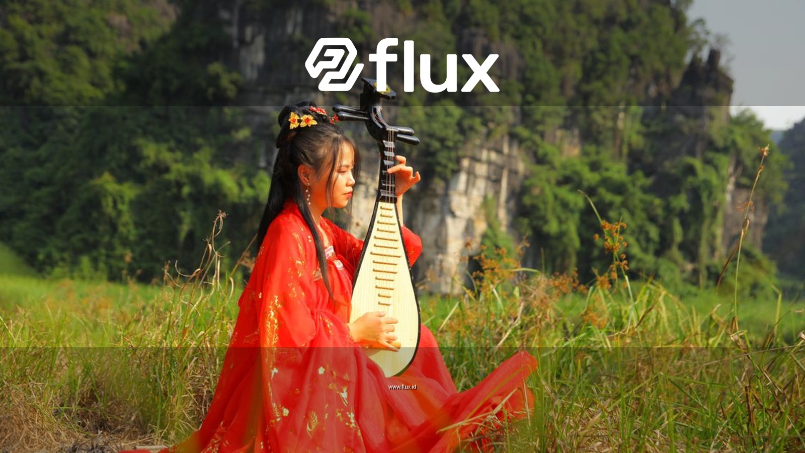 A young woman in traditional red hanfu plays a pipa amidst a lush outdoor landscape.