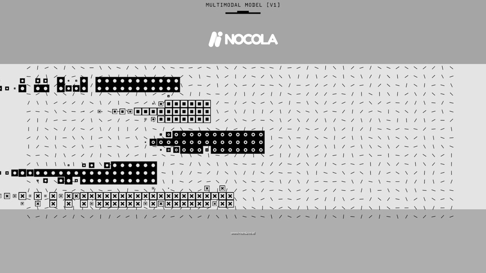 Abstract black and white graphic featuring a multimodal model pattern with various shapes.