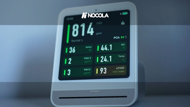 A sleek air quality monitor showing CO2 and other air metrics, ideal for smart homes.