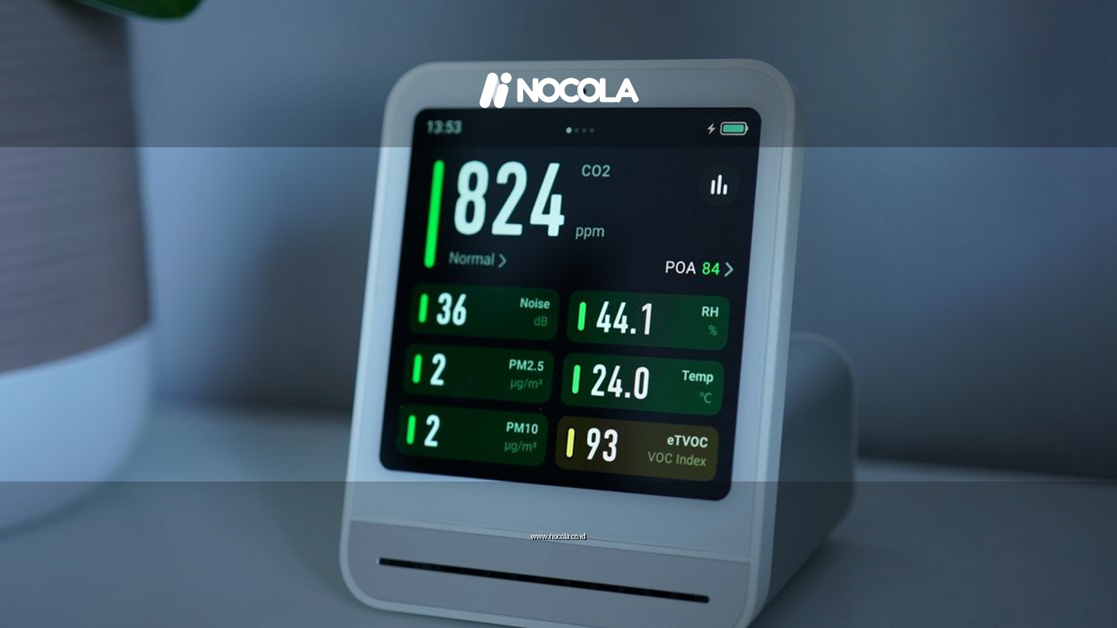 Close-up of a digital air quality monitor displaying CO2, PM2.5, and temperature readings.