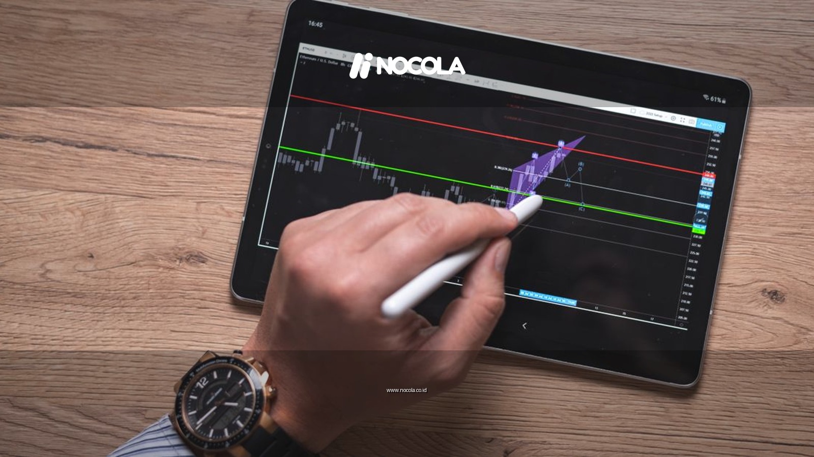 Close-up of a hand using a stylus on a digital trading app on a tablet indoors.