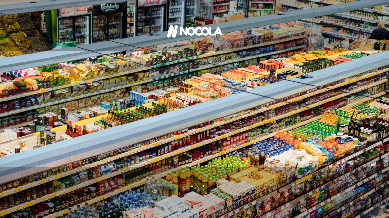 Explore the colorful, fully-stocked shelves of a bustling supermarket from above.