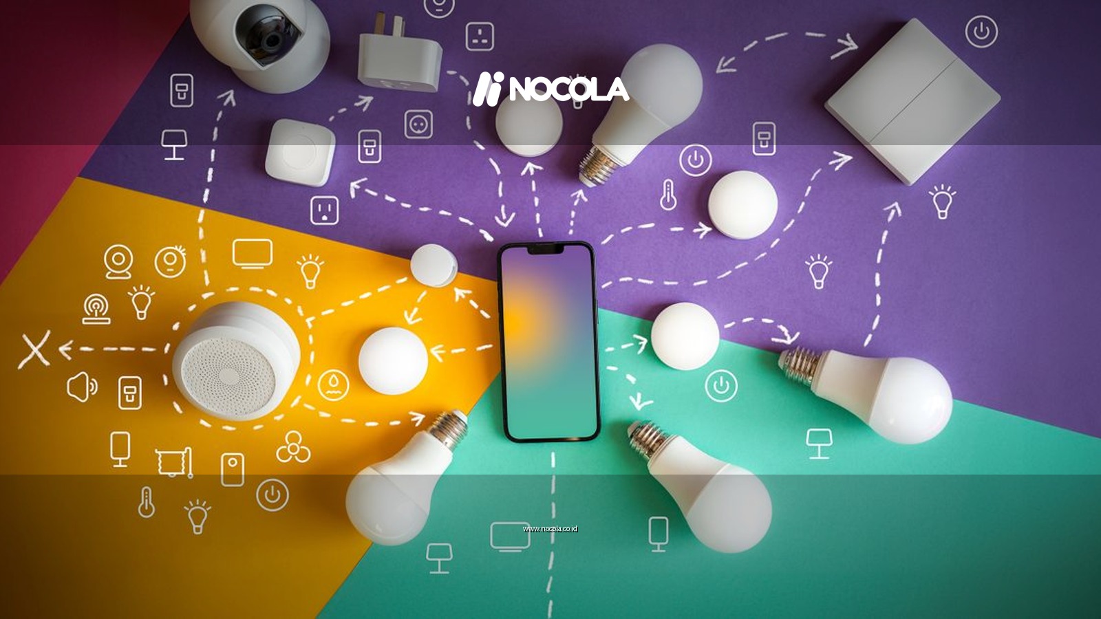 Flat lay of smart home devices and smartphone showcasing automation and connectivity.