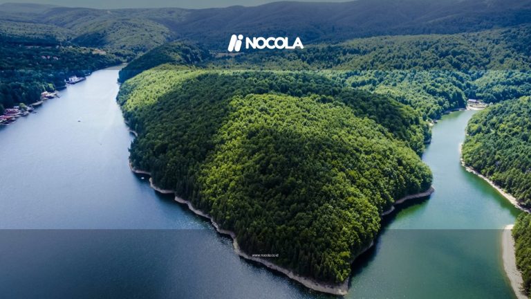 Stunning aerial view of Văliug Lake in Romania, showcasing lush greenery and serene waters.