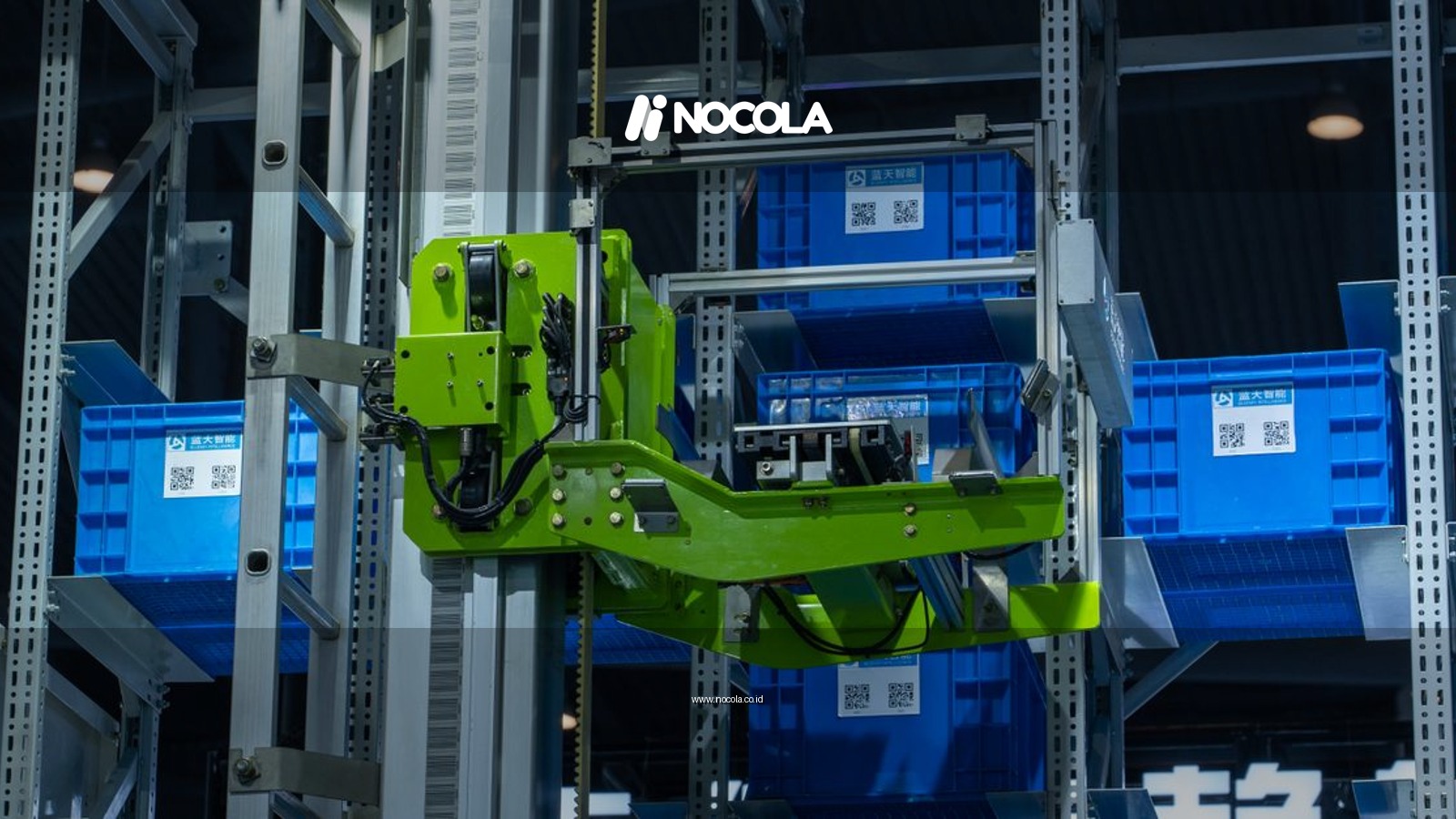 High-tech automated warehouse system featuring a green robotic arm handling blue storage crates.