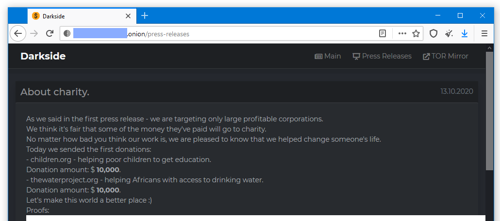 Geng Ransomware memberikan sebagian dari permintaan tebusan (Bitcoin) kepada organisasi amal