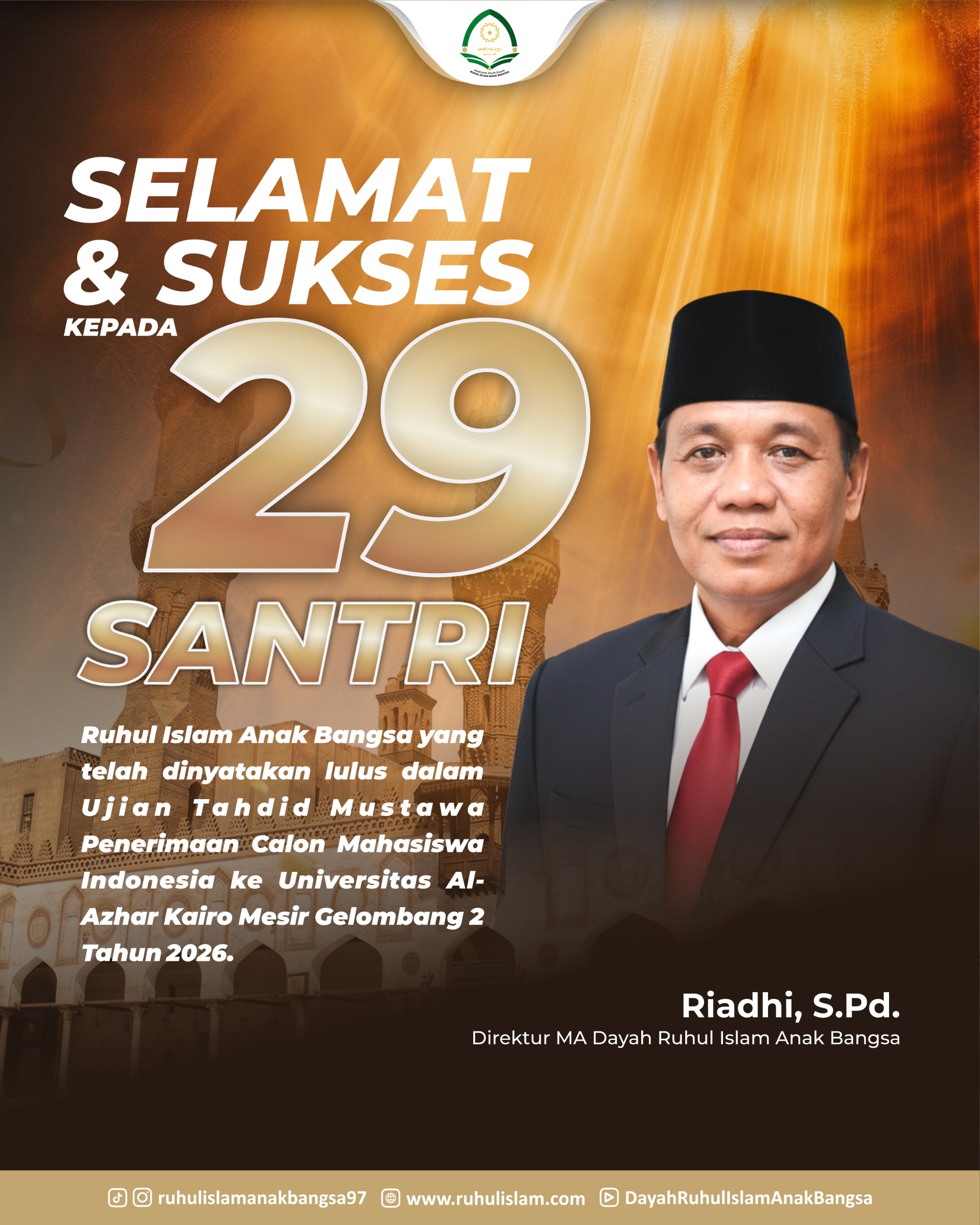 31 Santri RIAB Diterima di Perguruan Tinggi Luar Negeri, Universitas Al Azhar Mesir, Chongqing Jiaotong University Tiongkok, Monash University, dan Australian National University