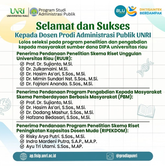 Dosen Administrasi Publik UNRI Raih Pendanaan Riset dan Pengabdian kepada Masyarakat Tahun 2026