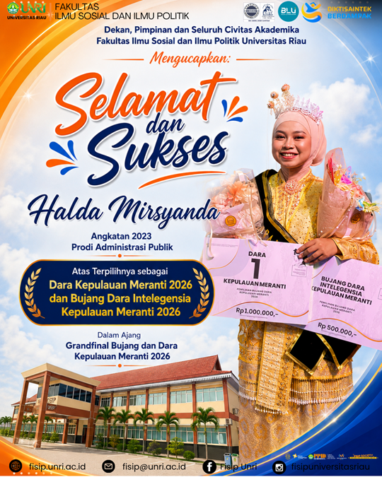 Selamat dan Sukses, Halda Mirsyanda Mahasiswa Administrasi Publik UNRI Terpilih sebagai Dara Kepulauan Meranti 2026