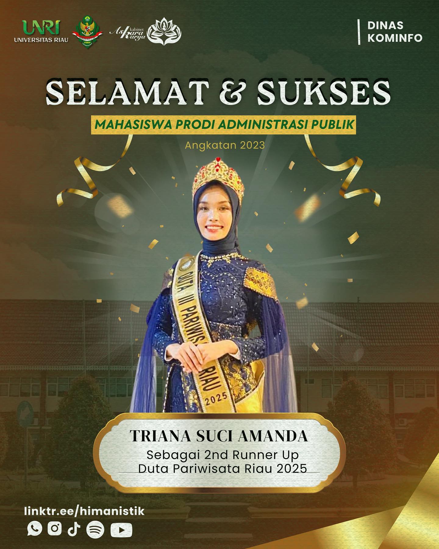 SELAMAT DAN SUKSES Triana Suci Amanda atas meraih prestasi sebagai 2nd Runner Up Duta Pariwisata Riau 2025!