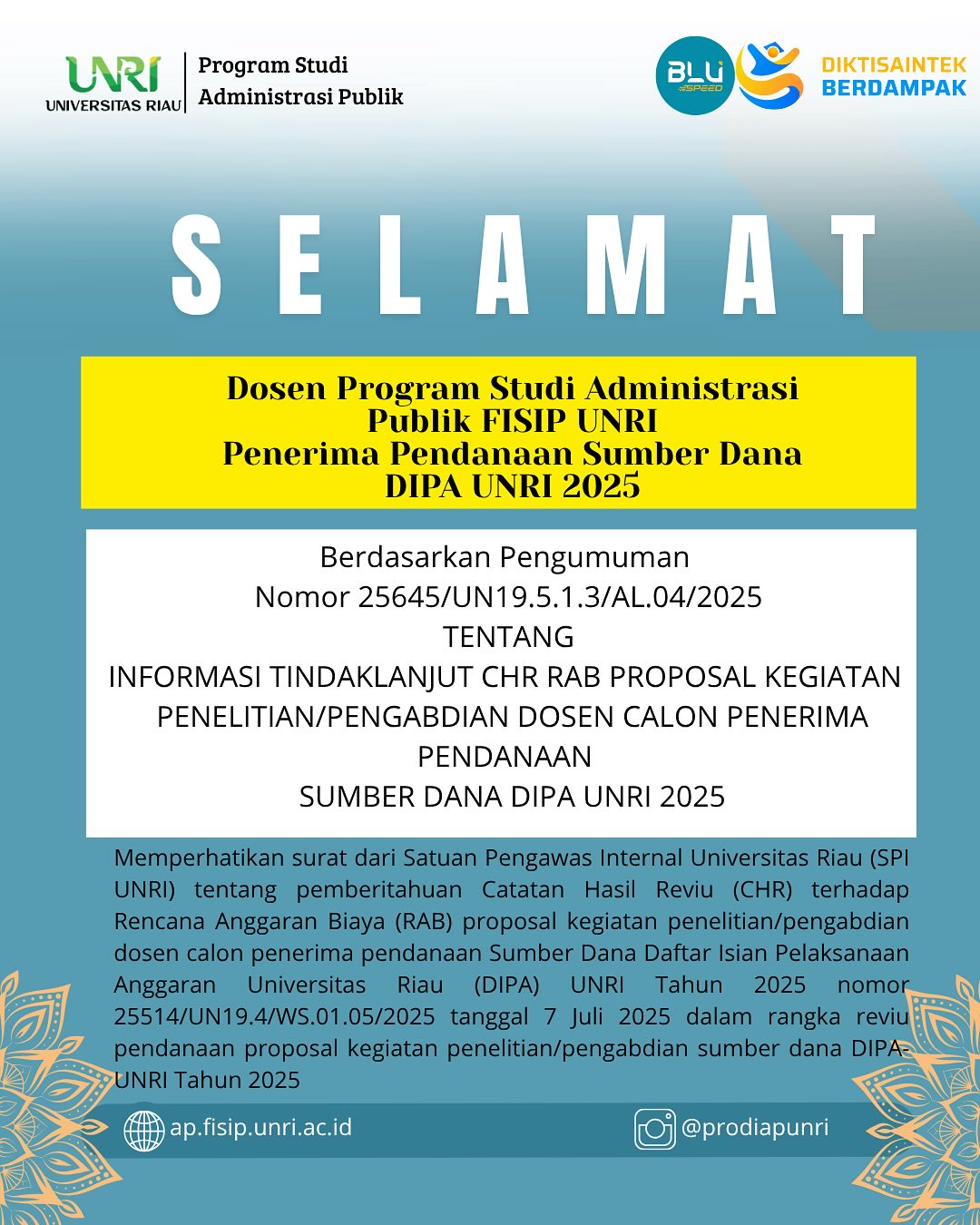 Dosen Program Studi Administrasi Publik FISIP Universitas Riau berhasil lolos sebagai Penerima Pendanaan Sumber Dana DIPA UNRI Tahun 2025!