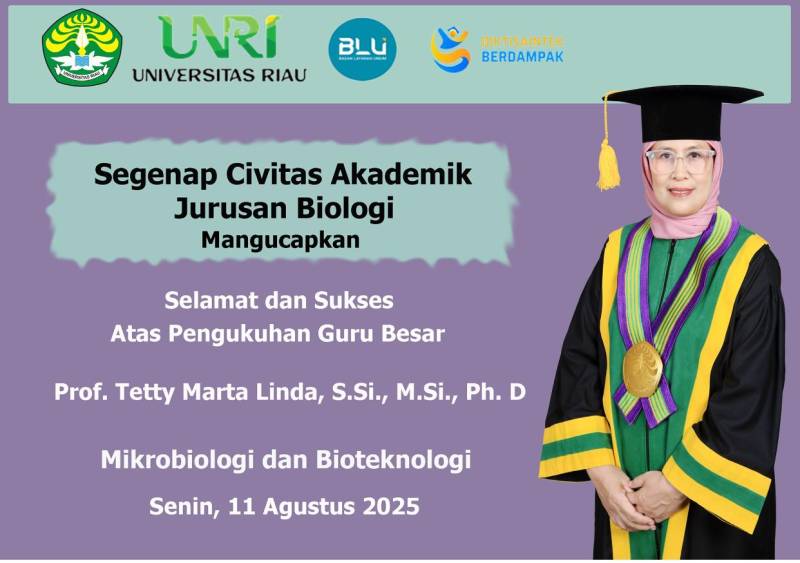 Sidang Senat Terbuka Universitas Riau Kukuhkan Guru Besar  Prof. Tetty Marta Linda, S.Si, M.Si., Ph.D. _dari 7 Guru Besar yang dikukuhkan, Tiga orang diantaranya dari FMIPA