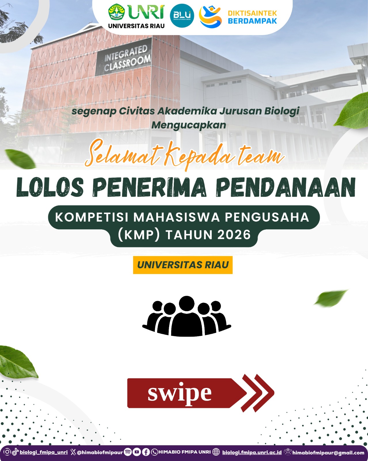 Empat Tim Mahasiswa Jurusan Biologi Universitas Riau Lolos Penerima Pendanaan KMP Tahun 2026