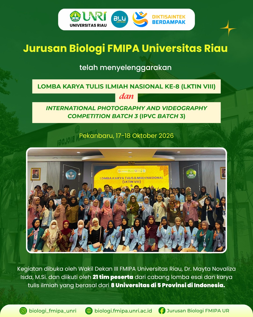 Jurusan Biologi FMIPA UNRI Selenggarakan LKTIN VIII dan IPVC Batch 3 Tahun 2026
