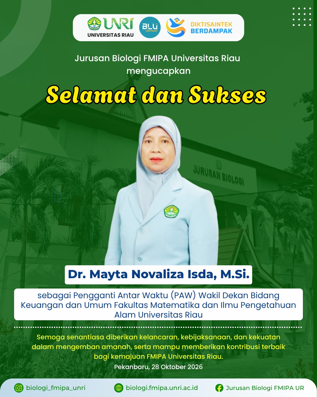 Jurusan Biologi FMIPA UNRI Ucapkan Selamat kepada Wakil Dekan II dan III