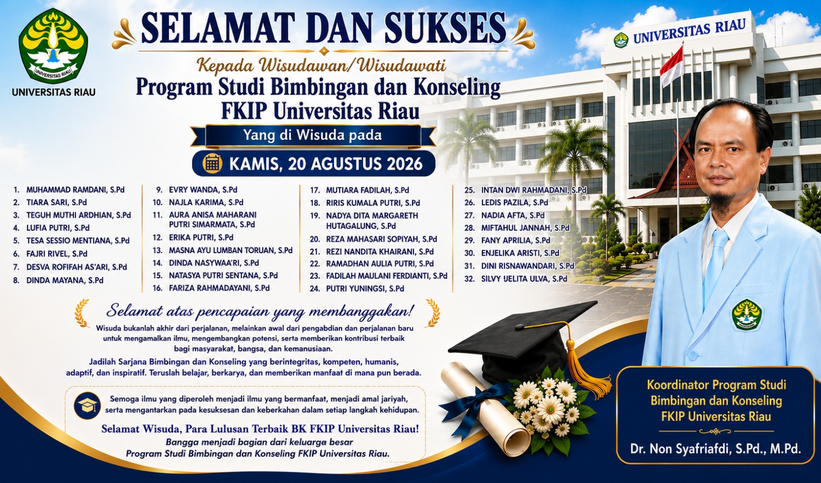 32 Lulusan Program Studi Bimbingan dan Konseling FKIP Universitas Riau Siap Melangkah Mengabdi