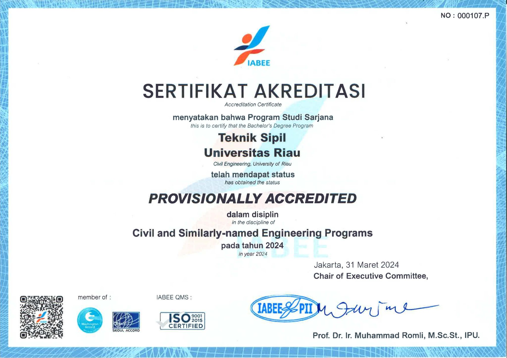 Prodi S1 Teknik Sipil UNRI melakukan kegiatan On Site Visit Provisional Accreditation (PA) Accreditation Board for Engineering Education (IABEE)