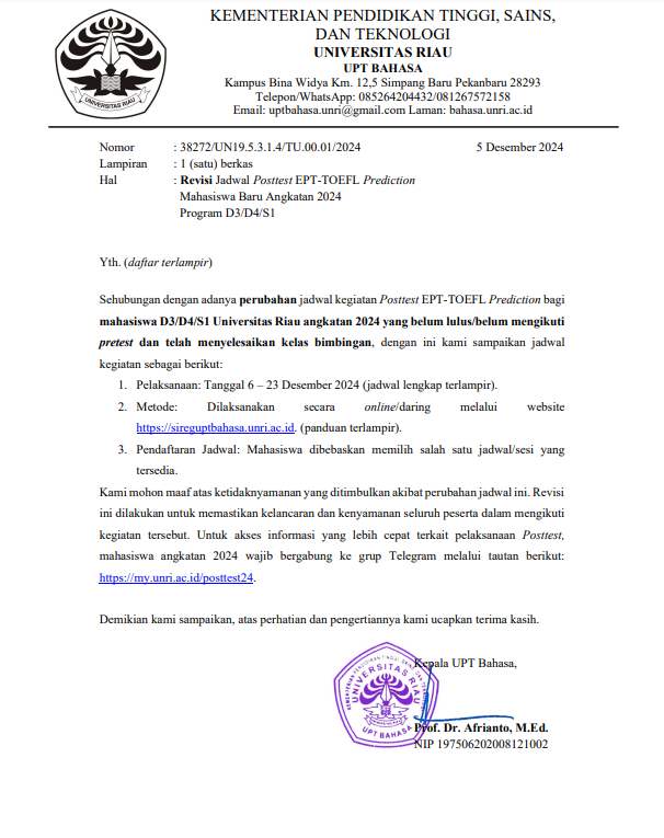 Revisi Jadwal Posttest EPT-TOEFL