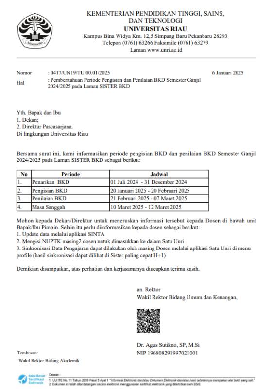 Pemberitahuan Periode Pengisian dan Penilaian BKD Semester Ganjil 2024/2025 pada Laman SISTER BKD
