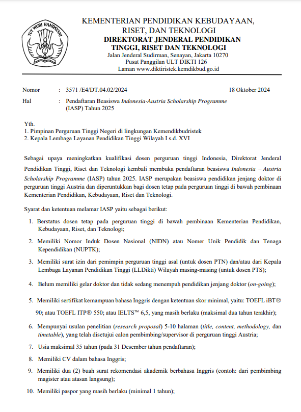 Pendaftaran Beasiswa Indonesia-Austria Scholarship Programme (IASP) Tahun 2025