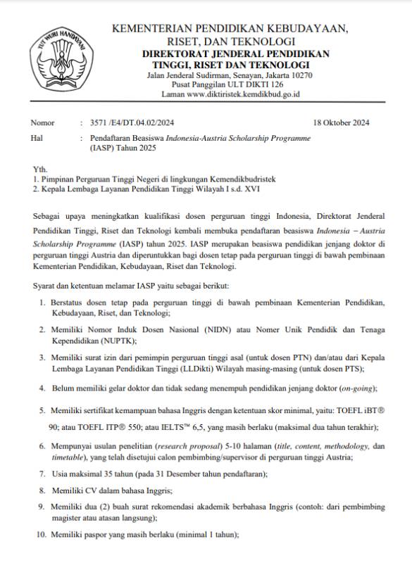 Pendaftaran Beasiswa Indonesia-Austria Scholarship Programme (IASP) Tahun 2025