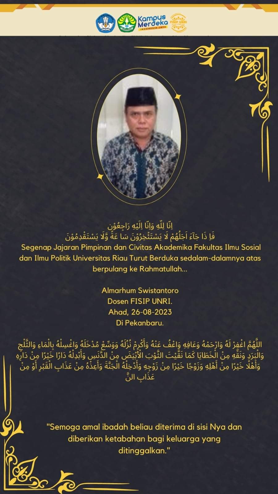 Civitas Akademika FISIP Universitas Riau Berduka atas Meninggalnya Dr. Swis Tantoro, M.Si