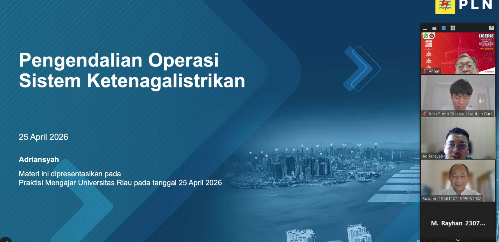 Kuliah Praktisi "Operasi dan Kendali Sistem Tenaga Listrik", Mahasiswa Teknik Elektro UNRI Belajar Langsung dari Praktisi PLN