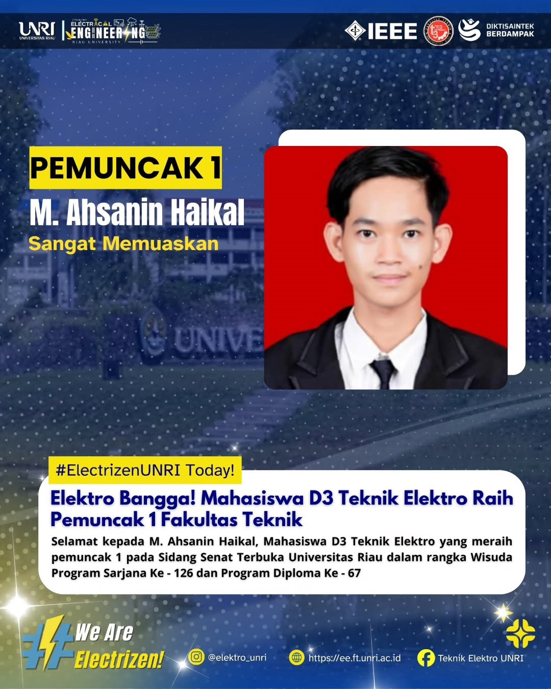 Mahasiswa D3 Teknik Elektro UNRI Raih Predikat Pemuncak 1 Fakultas Teknik pada Wisuda Universitas Riau