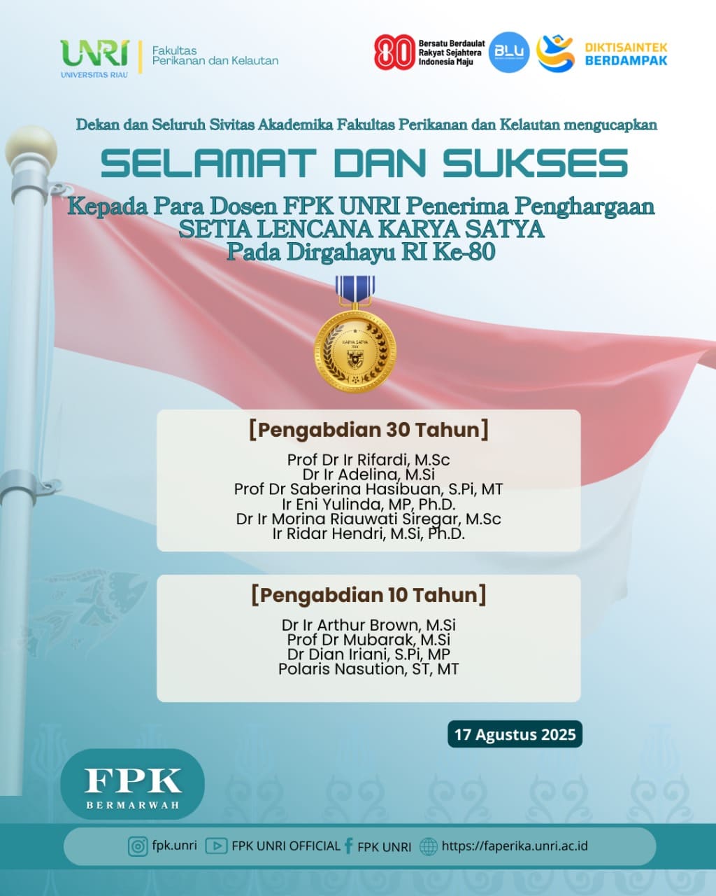 FPK UNRI Dosen Terima Penghargaan Satyalancana Karya Satya pada Dirgahayu RI ke-80