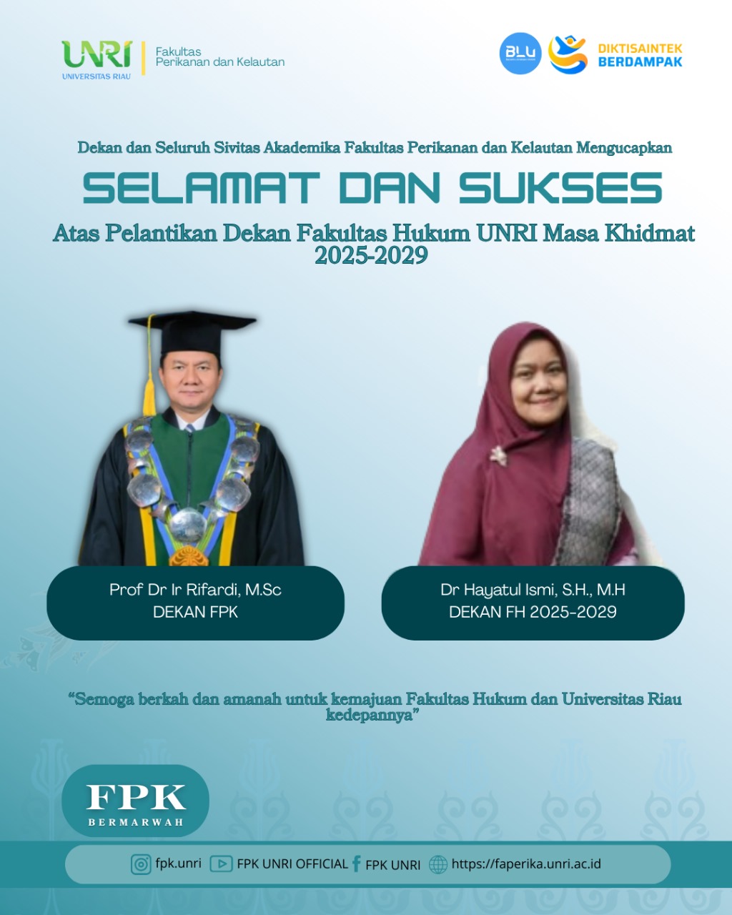 FPK UNRI Sampaikan Ucapan Selamat atas Pelantikan Dekan Fakultas Hukum UNRI