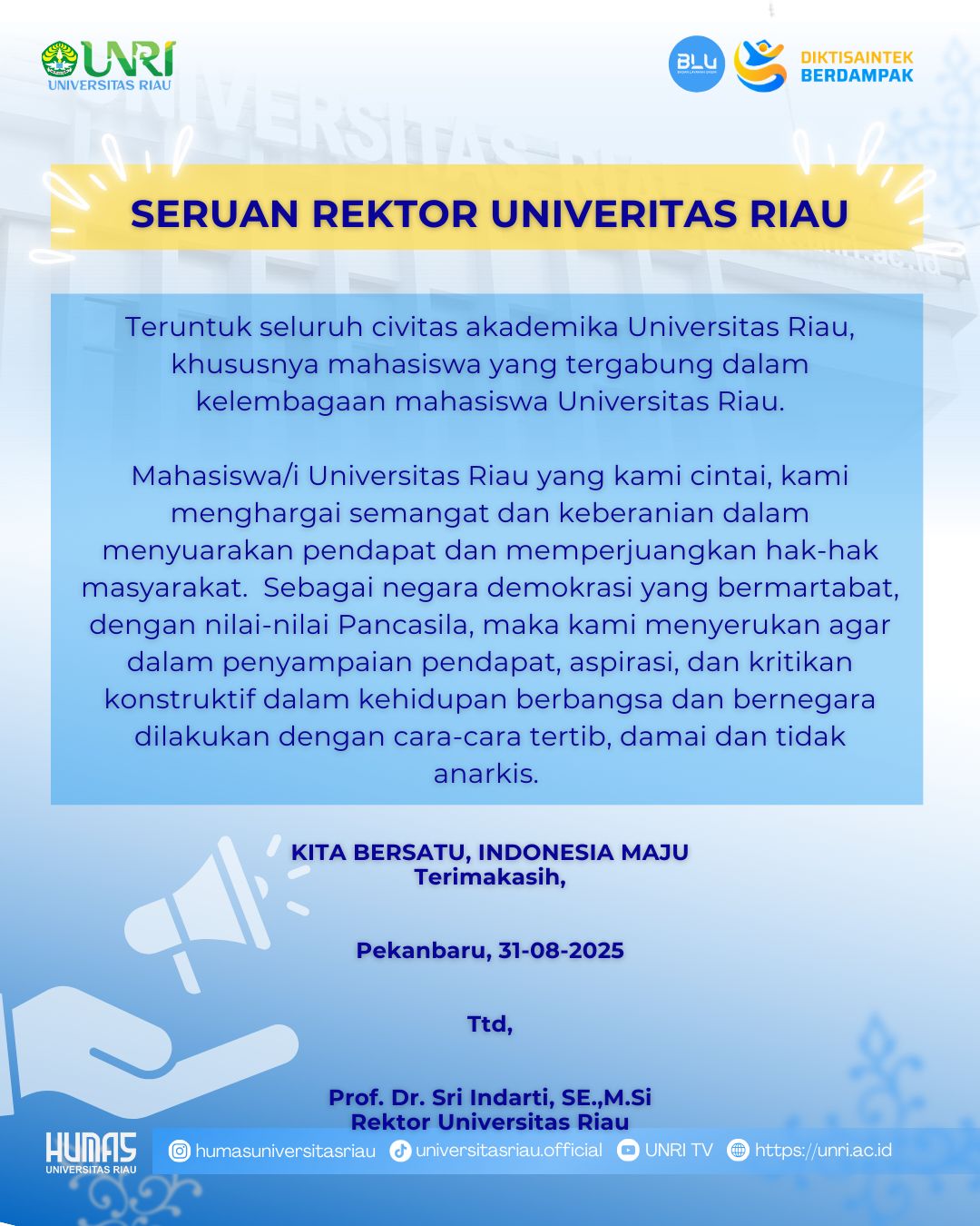 Seruan Rektor Universitas Riau untuk Civitas Akademika