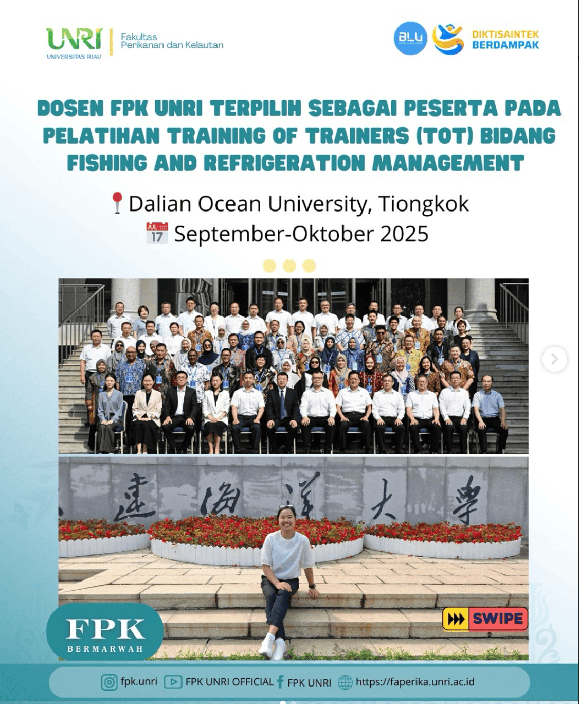Dosen FPK UNRI Terpilih Ikuti Training of Trainers di Dalian Ocean University, Tiongkok