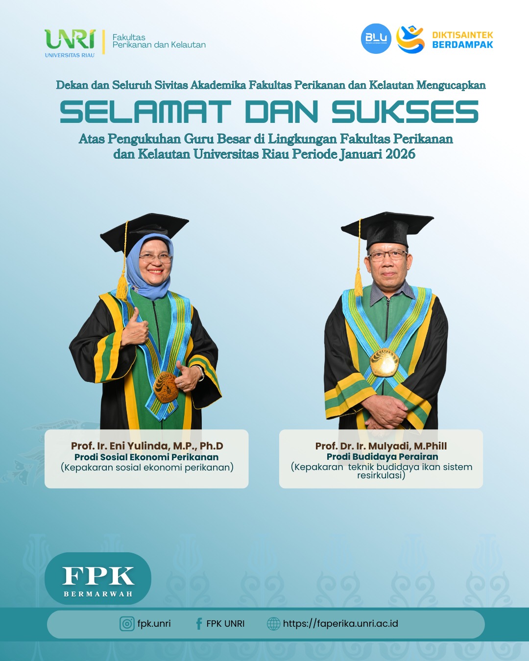 FPK Universitas Riau Kukuhkan Dua Guru Besar Periode Januari 2026