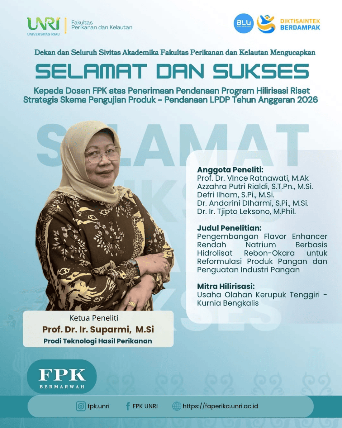 Dosen THP FPK UNRI Raih Pendanaan Program Hilirisasi Riset Strategis LPDP Tahun 2026