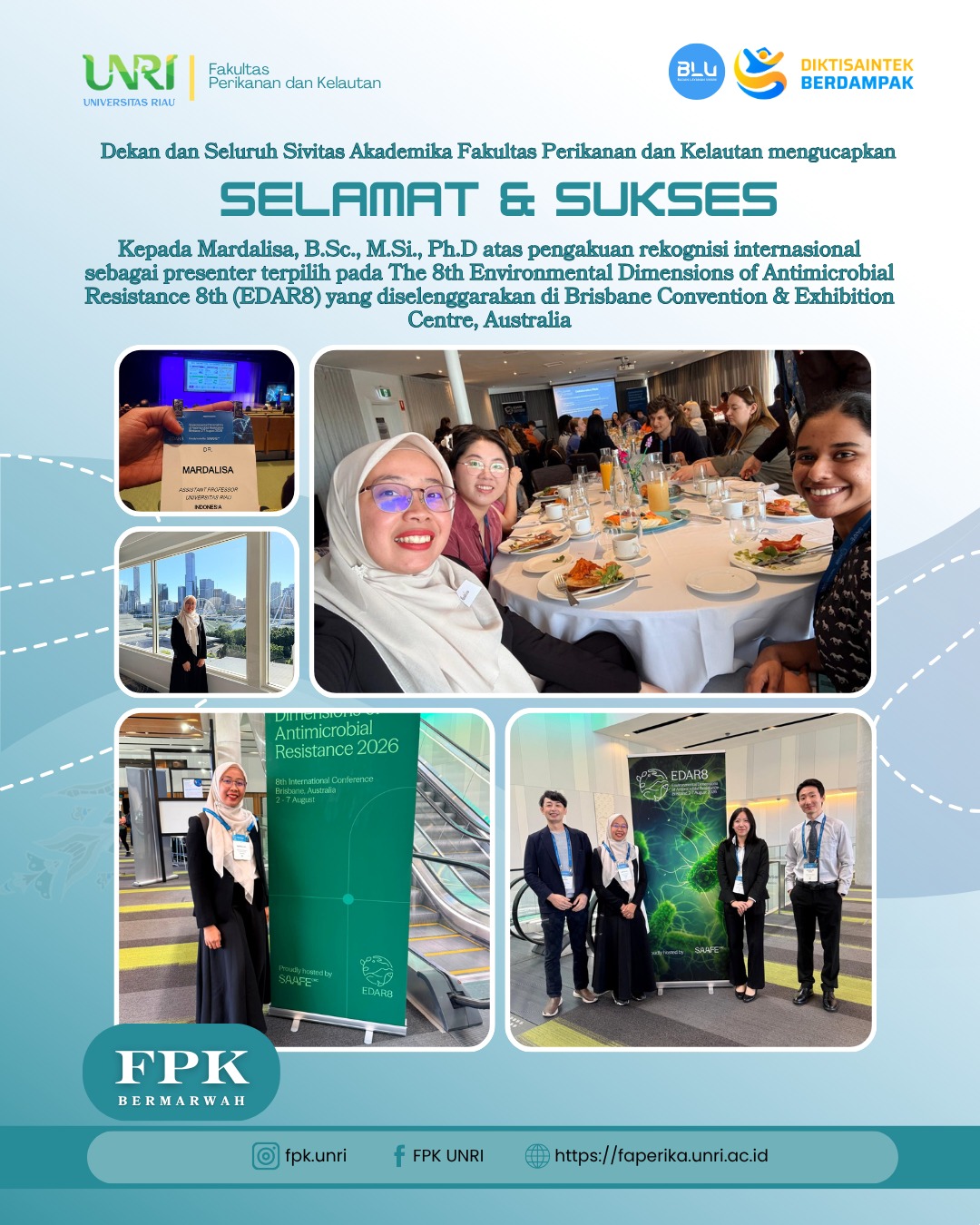 Mardalisa, B.Sc., M.Si., Ph.D. Raih Pengakuan Internasional sebagai Presenter Terpilih pada EDAR8 di Australia
