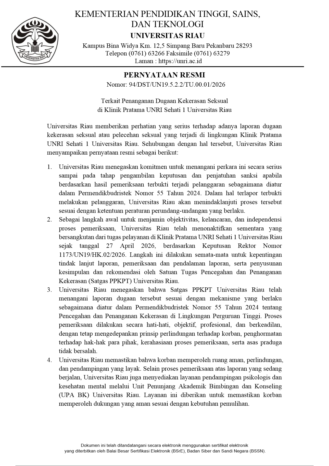 PERNYATAAN RESMI PIMPINAN