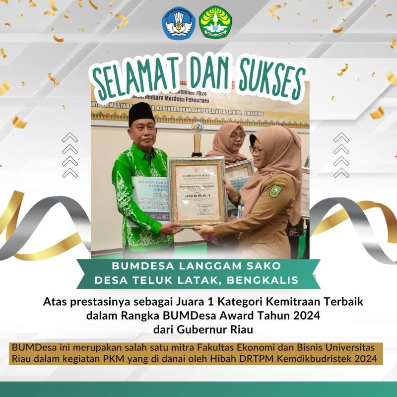 Selamat dan Sukses kepada BUMDesa Langgam Sako atas prestasi gemilang sebagai Juara 1 Kategori Kemitraan Terbaik dalam rangka BUMDesa Award Tahun 2024  oleh Gubernur Riau