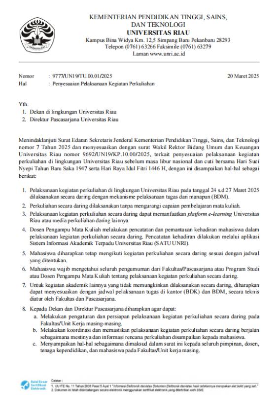 Pengumuman: Perkuliahan Daring di Universitas Riau!
