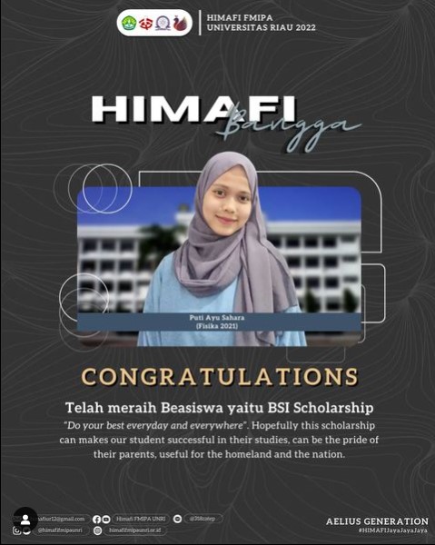 Mahasiswa S1 Fisika telah meraih Beasiswa BSI Scholarship