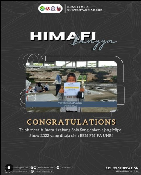 Mahasiswa S1 Fisika telah meraih Juara 1 cabang Solo Song dalam ajang Mipa Show 2022 yang ditaja oleh BEM FMIPA UNRI