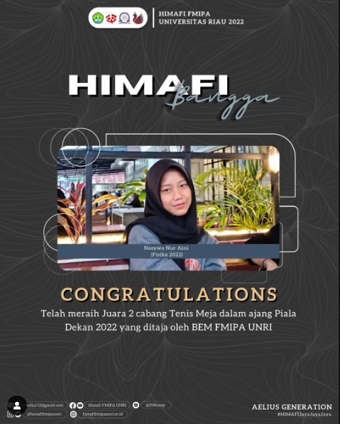 Mahasiswa S1 Fisika telah meraih Juara 2 cabang Tenis Meja dalam ajang Piala Dekan 2022 yang ditaja oleh BEM FMIPA UNRI
