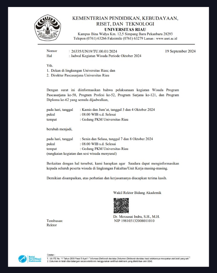 Perubahan Jadwal Wisuda Periode Oktober 2024