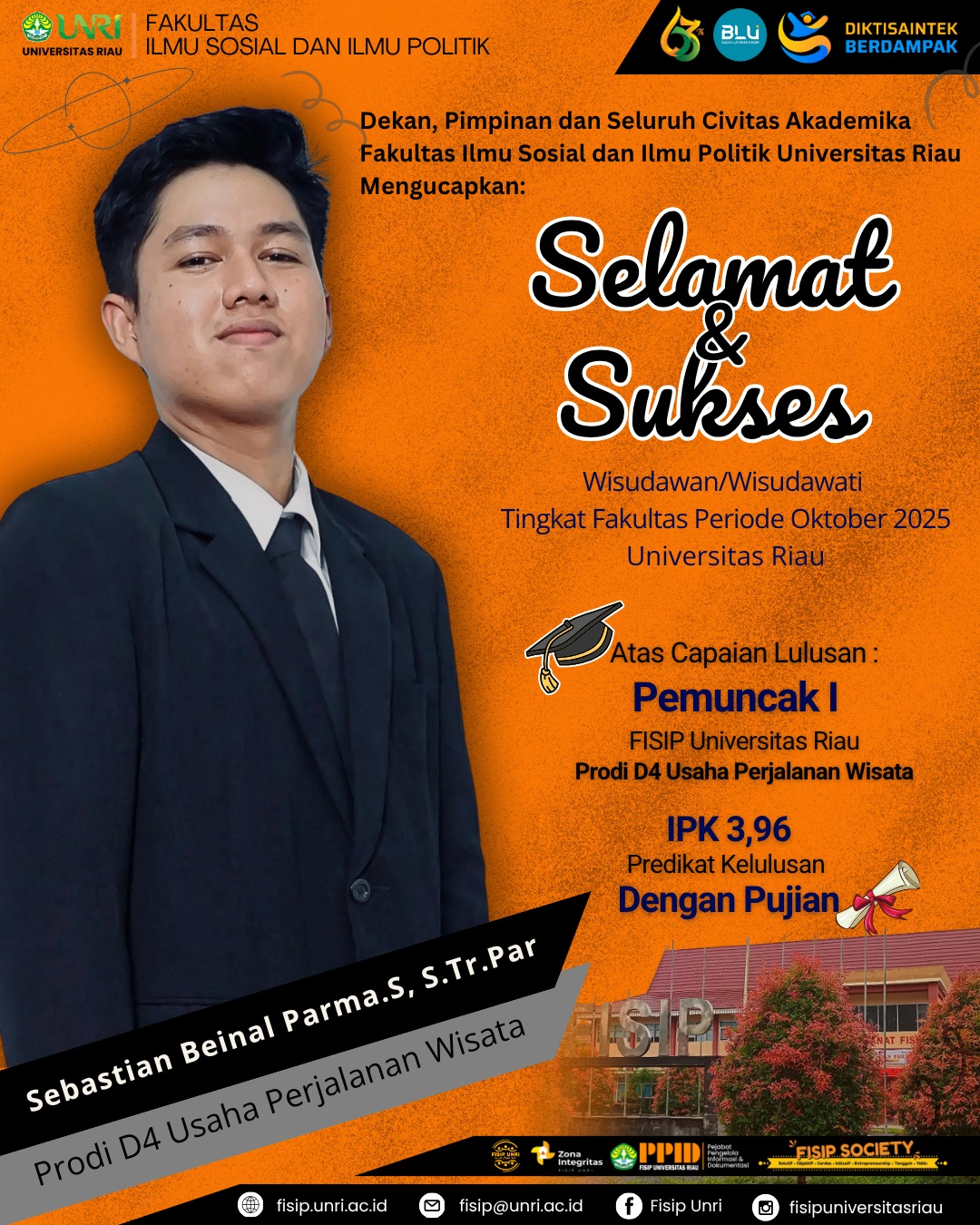 Selamat & Sukses Sebastian Beinal Parma.S, S.Tr.Par dari Prodi D4 Usaha Perjalanan Wisata Atas Pemuncak  I Tingkat Fakultas