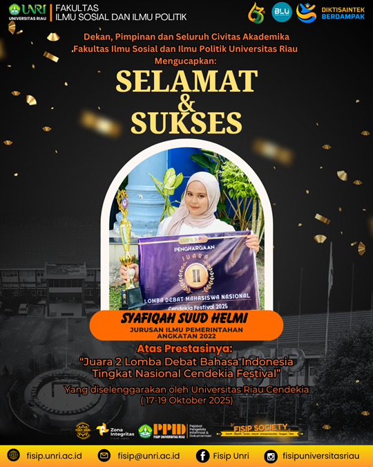 Selamat kepada Syafiqah Suud Helmi, Mahasiswi Jurusan Ilmu Pemerintahan Angkatan 2022