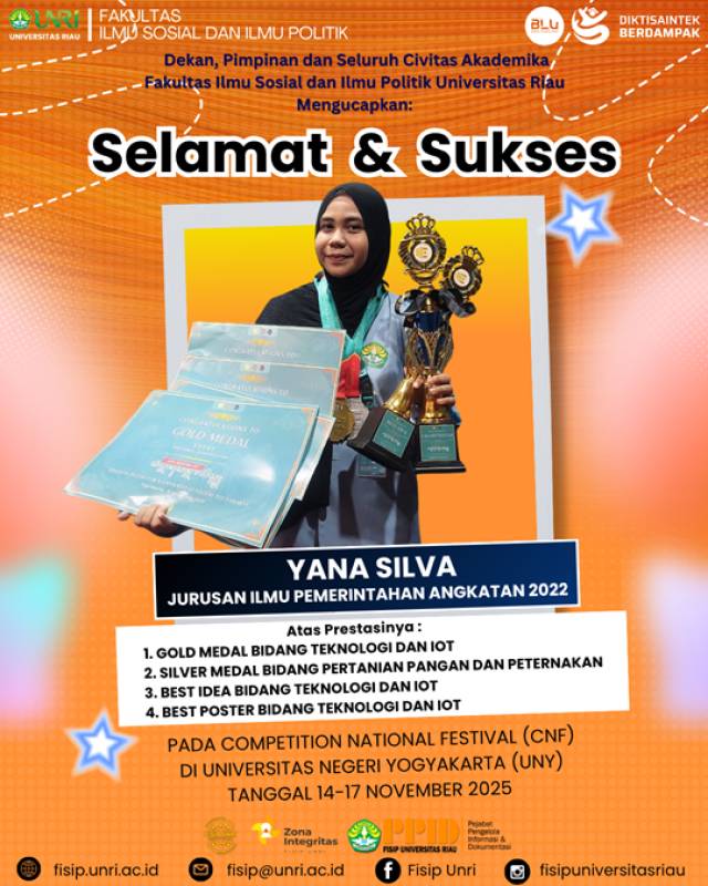 Selamat & Sukses, Yana Silva Mahasiswi Jurusan Ilmu Pemerintahan FISIP Universitas Riau angkatan 2022