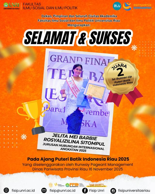 Selamat kepada Jelita Mei Barbie Rosyalizilina Sitompul, mahasiswi Jurusan Hubungan Internasional Angkatan 2025