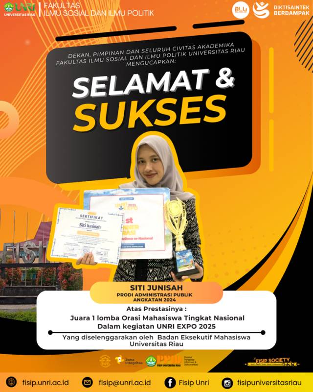 Selamat & Sukses kepada Siti Junisah (Prodi Administrasi Publik, Angkatan 2024) yang berhasil meraih Juara 1 Lomba Orasi Mahasiswa Tingkat Nasional