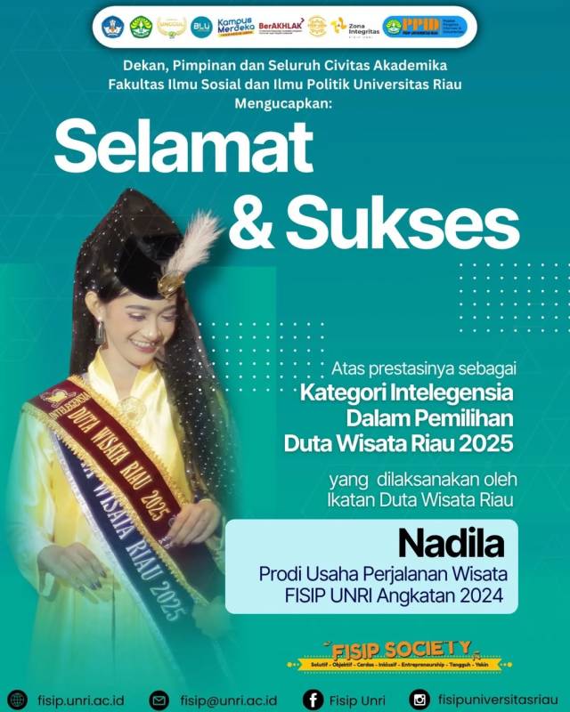 Selamat dan Sukses kepada Nadila, mahasiswa Prodi Usaha Perjalanan Wisata FISIP UNRI Angkatan 2024