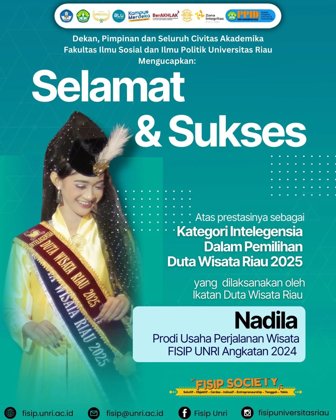 Selamat dan Sukses kepada Nadila, mahasiswa Prodi Usaha Perjalanan Wisata FISIP UNRI Angkatan 2024